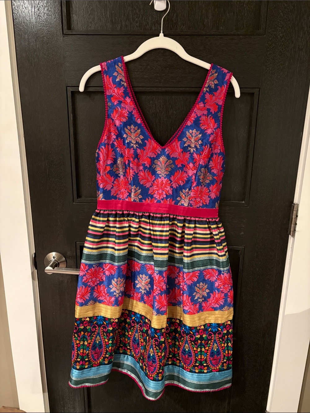 Floral V-Neck Midi Dress in Fuchsia and Blue